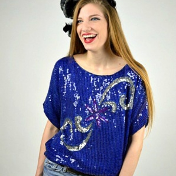 Halloween Disco Top, Vintage 70s Blue Sequin Blouse - Picture 6 of 6